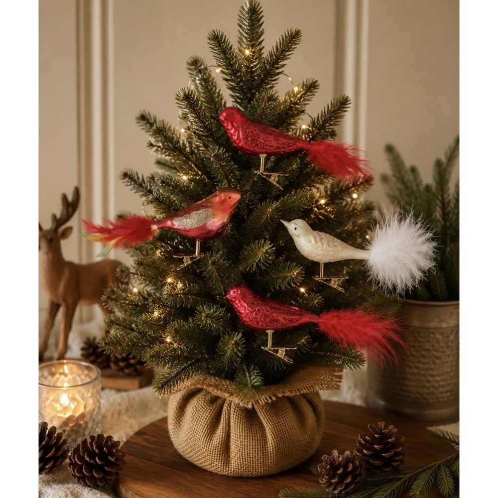 Vintage Glass Clip On Bird Ornaments 4‎ Cardinal Feather Tail Glitter German F/W